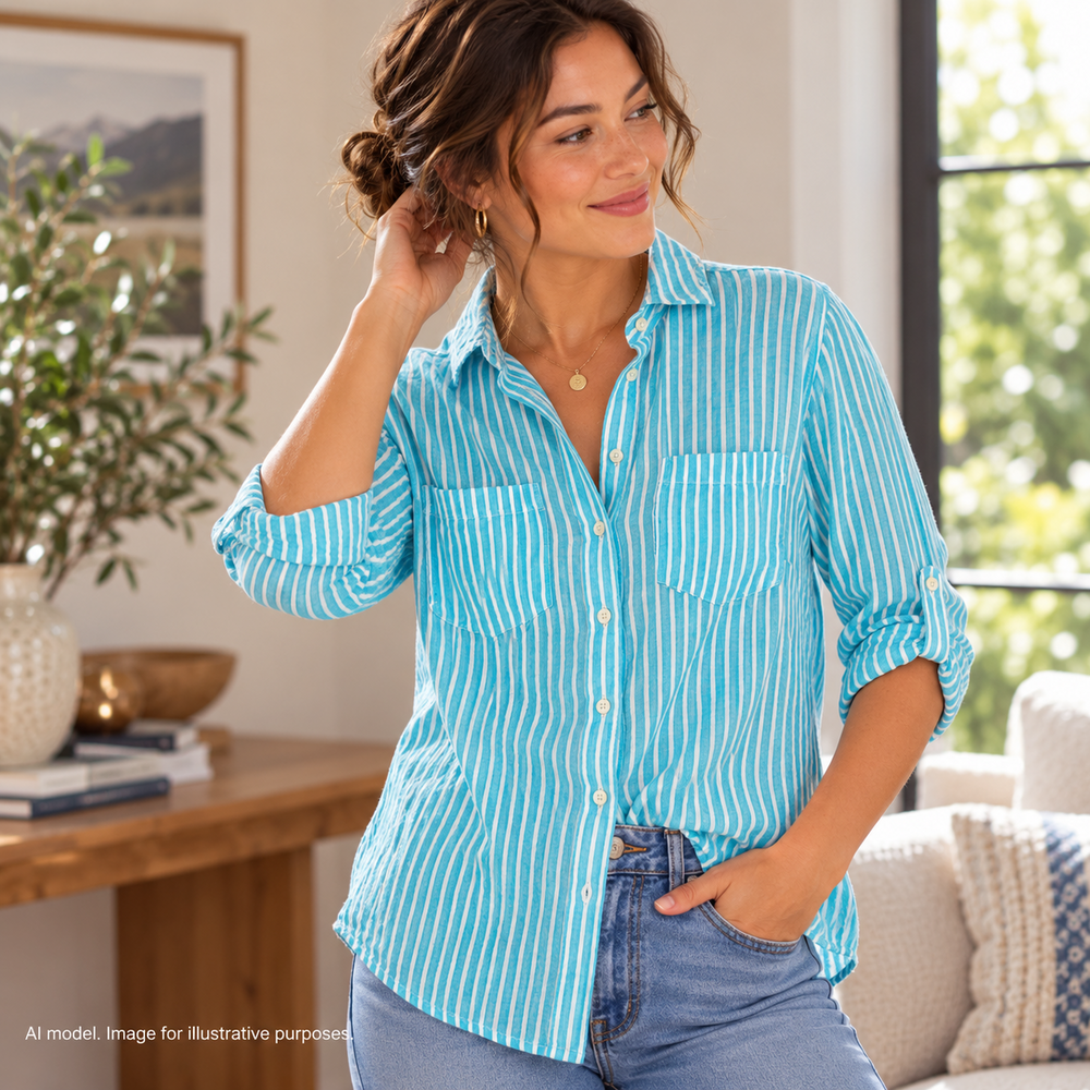 Talbots Shirt Womens Small Blue Aqua Stripe Linen Coastal Gran Lagenlook Airy